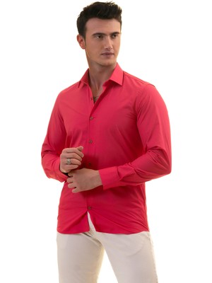 Exve Exclusive Koyu Pembe Sade Düz Karton Kutulu Slim Fit Uzun Kol Erkek Gömlek