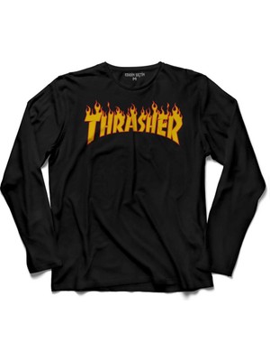 Kendim Seçtim Trasher Logo Flame Blaze Skateboard Hip Hop  Uzun Kollu Tişört Baskılı Çocuk T-Shirt