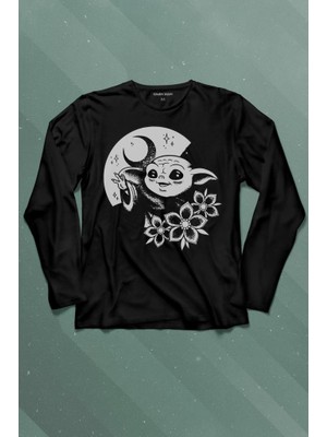 Kendim Seçtim Baby Yoda Star Wars Mandalorian Ay Hilal Silüeti Uzun Kollu Tişört Baskılı Çocuk T-Shirt