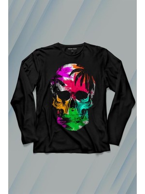 Kendim Seçtim Rengarenk Kafatası Skull Head Gökkuşağı Renkleri Uzun Kollu Tişört Baskılı Çocuk T-Shirt