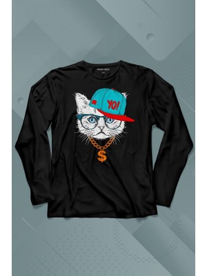Kendim Seçtim Gözlüklü Kedi Cat Glasses Yo Momy Dolar Uzun Kollu Tişört Baskılı Çocuk T-Shirt