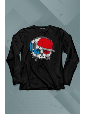 Kendim Seçtim Cat Glasses Gözlüklü Bordo Mavi Spor Trabzon Kedi Uzun Kollu Tişört Baskılı Çocuk T-Shirt
