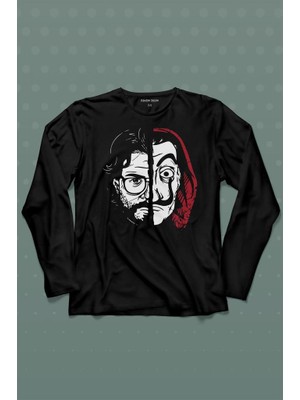 Kendim Seçtim La Casa De Papel Profesör Proffessor Dali Mask Yarım Yüz Half Face Uzun Kollu Tişört Baskılı Çocuk T-Shirt