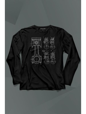 Kendim Seçtim Motor Pistonu Motosiklet Teknik Çizim Grafik Uzun Kollu Tişört Baskılı Çocuk T-Shirt