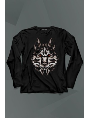 Kendim Seçtim Kurt Kafası Wolf Head Bozkurt Kırmızı Gözlü Uzun Kollu Tişört Baskılı Çocuk T-Shirt