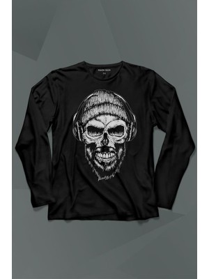 Kendim Seçtim Müzik Dinleyen Bereli Kuru Kafa Kulaklık Bere Skull Listen Musicuzun Kollu Tişört Baskılı T-Shirt