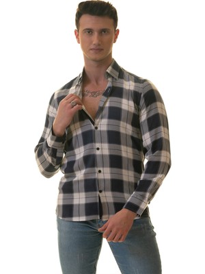 Exve Exclusive Lacivert Beyaz Ekose Kareli Karton Kutulu Slim Fit Uzun Kol Erkek Gömlek