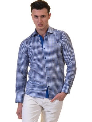Exve Exclusive Lacivert Beyaz Pötikareli Karton Kutulu Slim Fit Uzun Kol Erkek Gömlek