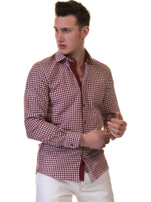 Exve Exclusive Bordo Beyaz Pötikareli Karton Kutulu Slim Fit Uzun Kol Erkek Gömlek