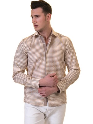 Exve Exclusive Hardal Sarısı Pötikareli Karton Kutulu Slim Fit Uzun Kol Erkek Gömlek