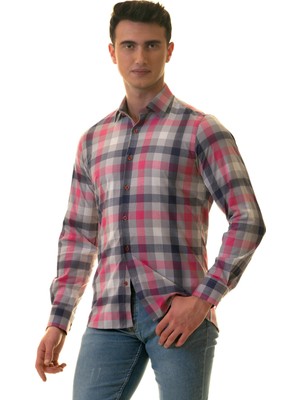 Exve Exclusive Pembe Gri Mavi Kareli Karton Kutulu Slim Fit Uzun Kol Erkek Gömlek