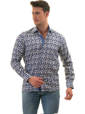Exve Exclusive Mavi Beyaz Yaprak Baskılı Karton Kutulu Slim Fit Uzun Kol Erkek Gömlek