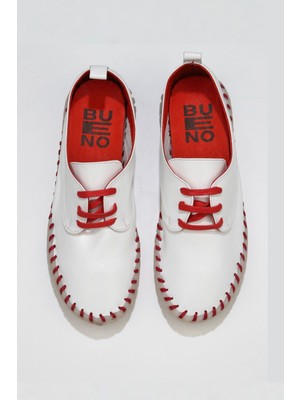 Bueno Shoes Beyaz Kırmızı Deri Kadın Düz Ayakkabı