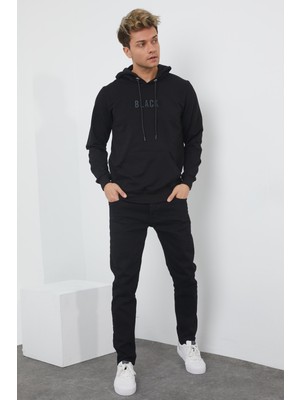 MRS Clothing Black 3D Baskılı Standart Fit Erkek Ince Kapüşonlu Sweatshirt Siyah