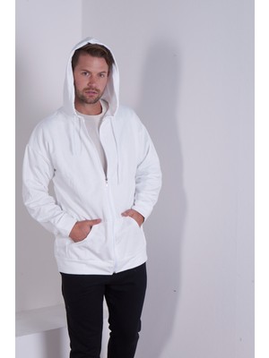 Myben Ekru Erkek Cepli Basic Oversize Fit Fermuarlı Kapüşonlu Kalın Sweatshirt-Hırka ERK45