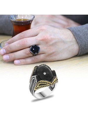 Tesbihane Faset Kesim Siyah Zirkon Taşlı Pagan Tasarım 925 Ayar Gümüş Erkek Yüzük