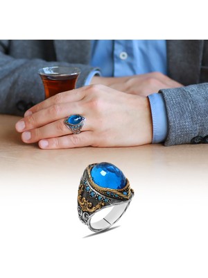 Tesbihane Oval Aqua Zirkon Taşlı Kompakt Tasarım 925 Ayar Gümüş Erkek Yüzük