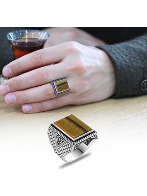 Tesbihane Dikdörtgen Kaplangözü Taşlı Italyan Tasarım 925 Ayar Gümüş Erkek Yüzük