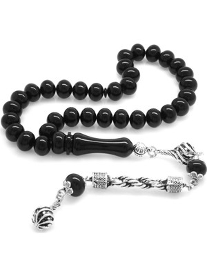 Tesbihane Kararmaz Metal Halat Püsküllü Tekerlek Kesim Siyah Sıkma Kehribar Tesbih