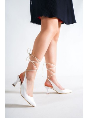Pabucmarketi Beyaz Cilt Topuklu Sandalet Kadın Ayakkabı Bilek Bağlamalı