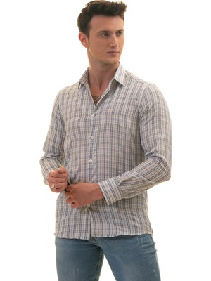 Exve Exclusive Beyaz Üzerine Mavi Siyah Ekose Kareli Slim Fit Uzun Kol Erkek Gömlek