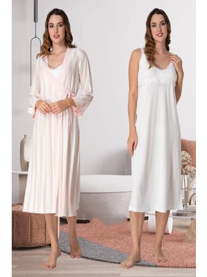 Effortt Pudra/ekru Sabahlıklı Hamile Lohusa Gecelik Takım