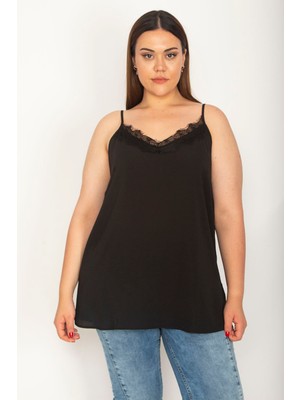Şans Kadın Siyah Yakası Dantel Askı Boyu Ayarlı Bluz 65N29031