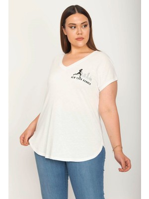 Şans Kadın Kemik V Yakalı Göğüs Kısmı Baskılı Etek Ucu Oval Kesim Bluz