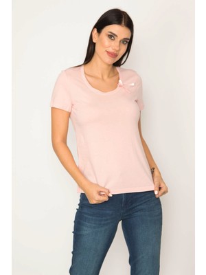 Şans Kadın Pembe Pamuklu Kumaş V Yaka Bluz