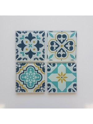 Decorita Cam Bardak Altlığı | Modern Çini Desen | 4'lü Takım | 10CM x 10CM