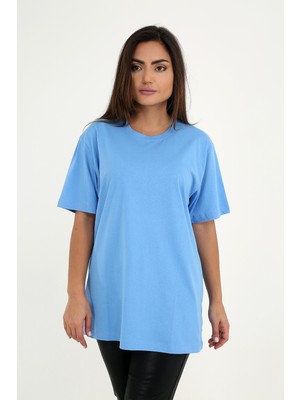 Rubadi Oversize (bol ve geniş kesim) Mavi T-Shirt. Bisiklet Yaka, Basic, Salaş Model