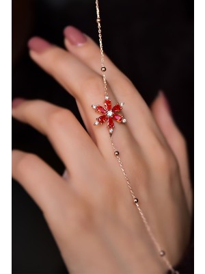 Papatya Silver 925 Ayar Gümüş Rose Kaplama Top Zincirli, Turuncu Kamelya Çiçeği Bileklik