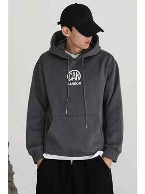 Modagen Erkek Taş Gri Candor Yazılı Oversize Kapüşonlu Sweatshirt