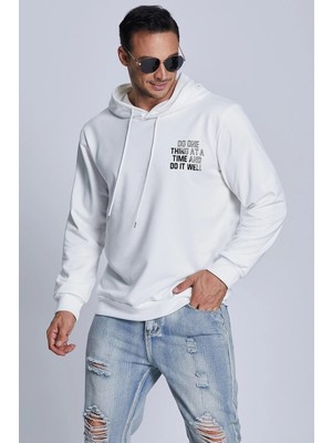 Erkek Beyaz Do It Well Baskılı Kapüşonlu Oversize Sweatshirt