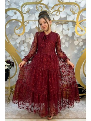 Tarz Çocuk Dantel Yaprak Kız Çocuk Uzun Abiye Elbise 11 - 14 Yaş