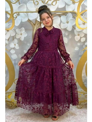 Tarz Çocuk Dantel Yaprak Kız Çocuk Uzun Abiye Elbise 11 - 14 Yaş