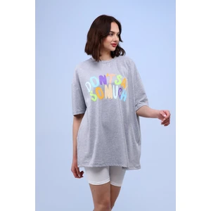 Fancy Kadın Bisiklet Yaka Renkli Baskı Detaylı Oversize Tişört