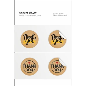 48 Adet Thank You-Hand Made With Love Etiket, 17 Farklı Tasarım Kraft Sticker 4 cm