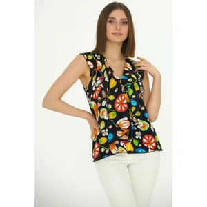 Selen Giyim Yakası Volanlı Kolsuz Emprime Bluz