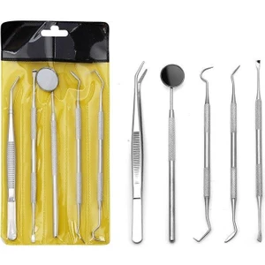 5 Parça Paslanmaz Çelik Diş Temizleme Ağız Bakımı 5 Li Set Ayna Orak Skaler Spatula Cımbız Seti