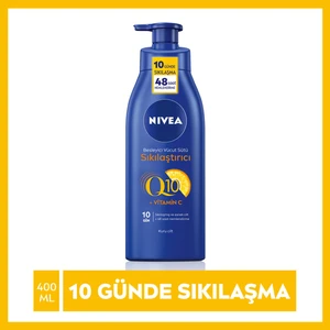 NIVEA Sıkılaştırıcı Vücut Sütü Q10 + C Vitamini (400ml); 48 Saat Vücut Nemlendirme; 10 Günde Sıkılaşma; Kuru Ciltler için; Vücut Bakım