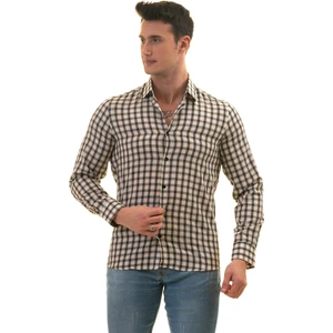 Exve Exclusive Bej Üzerine Siyah Ekose Kareli Slim Fit Uzun Kol Erkek Gömlek