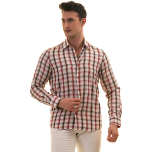 Exve Exclusive Beyaz Üzerine Kırmızı Siyah Ekose Kareli Slim Fit Uzun Kol Erkek Gömlek