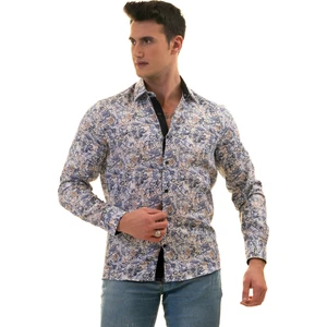 Exve Exclusive Beyaz Üzeri Mavi Krem Yaprak Baskı Karton Kutulu Slim Fit Uzun Kol Erkek Gömlek