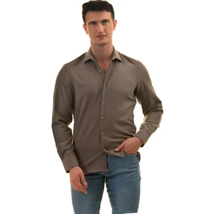 Exve Exclusive Vizon Kahve Gri Doğal Kışlık Keten Karton Kutulu Slim Fit Uzun Kol Erkek Gömlek