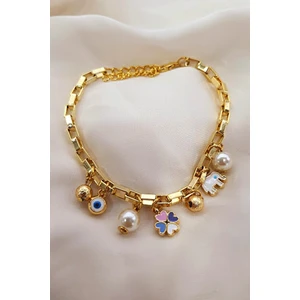 Petek Aksesuar Lila Yonca Fil Nazar Inci Charm Bileklik Halhal Gold