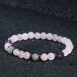 Sertifikalı Doğal Taş Pembe Kuvars Ametist Labradorit Kadın Erkek 6mm Doğal Taşlı Hediye Bileklik