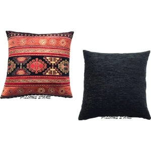 Pillows Store Kilim Desenli Siyah-Kiremit Kırlent Kılıfı Seti - 2 Adet 45 Cm* 45 cm