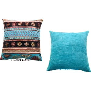 Pillows Store Kilim Desenli Turkuaz-Kahverengi Kırlent Kılıfı Seti - 2 Adet 45 Cm* 45 cm