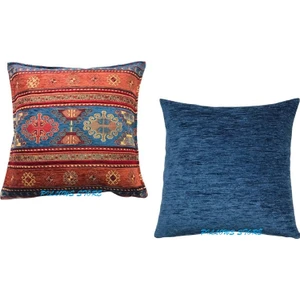 Pillows Store Kilim Desenli Açık Mavi-Kiremit Kırlent Kılıfı Seti - 2 Adet 45 Cm* 45 cm